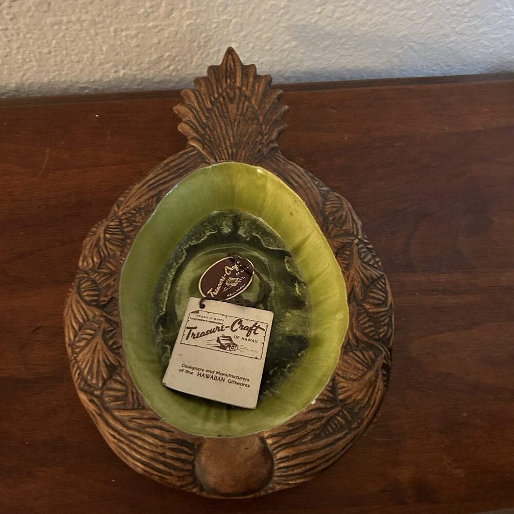 Vintage Treasure Craft of Hawaii Pineapple Ashtray Green Brown Glazed Ceramic